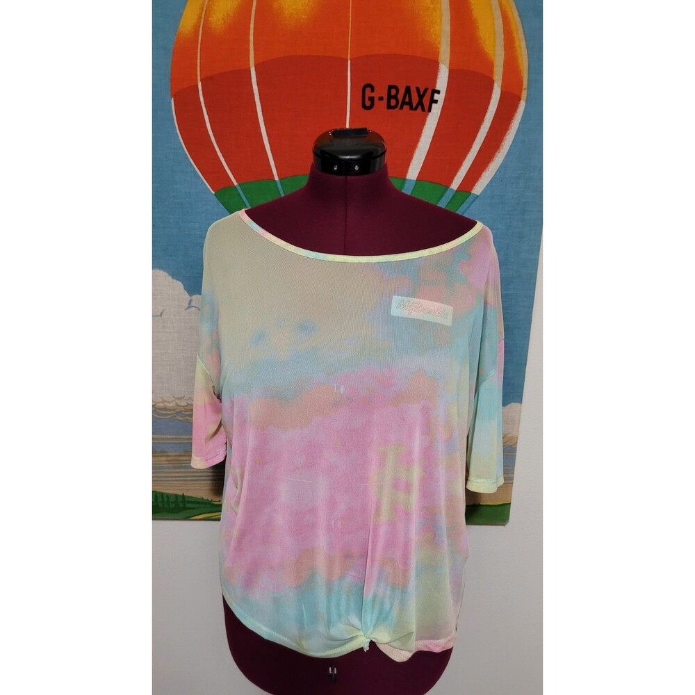 Neon Rainbow Sheer Mesh Stretch Short Sleeve Shirt Colorful Womens Size XL